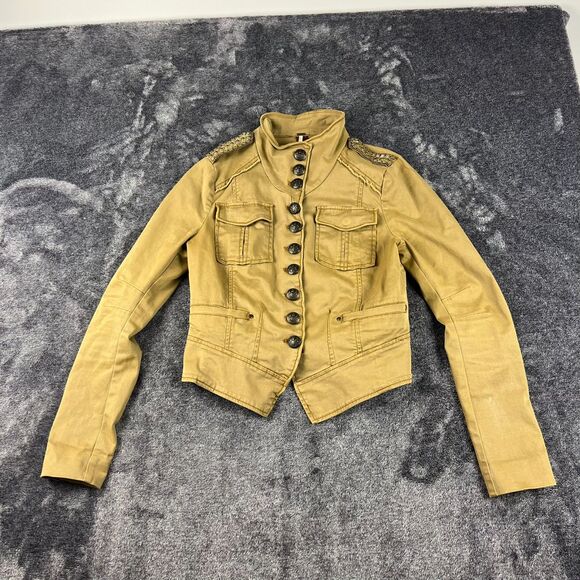 SOLD Free People "Shrunken Officer" Jacket Military Green Embellished Women's S - Picture 1 of 11